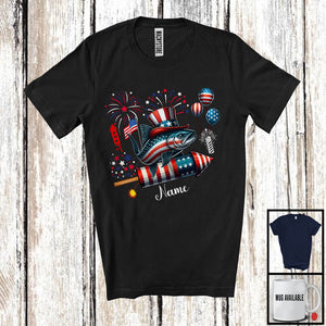 MacnyStore - Personalized Sockeye Salmon Riding Firecracker, Lovely 4th Of July USA Flag Custom Name, Fish Sea Animal T-Shirt