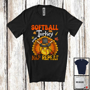 MacnyStore - Personalized Softball Turkey Nap Repeat, Joyful Thanksgiving Fall Leaves, Custom Name Sport Player T-Shirt