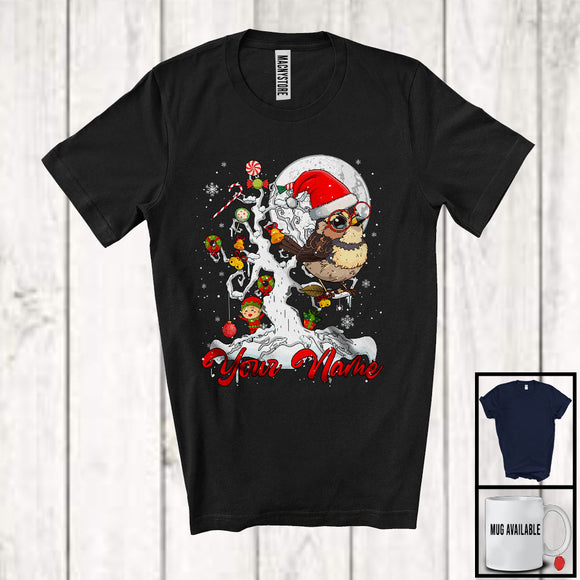 MacnyStore - Personalized Sparrow Bird Santa On Christmas Tree, Adorable ELF Snow, Custom Name Bird Lover T-Shirt