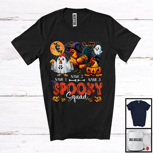 MacnyStore - Personalized Spooky Squad, Lovely Halloween Three Witch Ghost Chicken, Farm Farmer Pumpkin T-Shirt