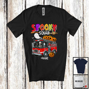 MacnyStore - Personalized Spooky Squad; Scary Halloween Skeleton Driving Firetruck; Custom Name Driver T-Shirt