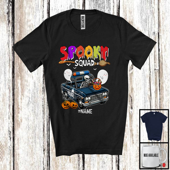 MacnyStore - Personalized Spooky Squad; Scary Halloween Skeleton Driving Police Car; Custom Name Driver T-Shirt