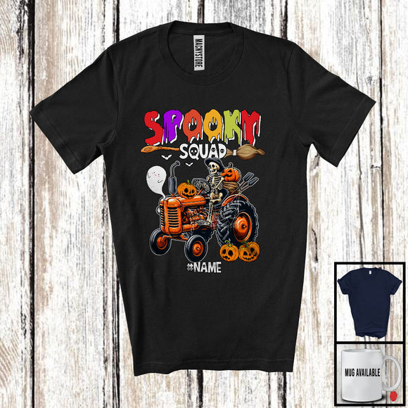 MacnyStore - Personalized Spooky Squad; Scary Halloween Skeleton Driving Tractor; Custom Name Driver T-Shirt