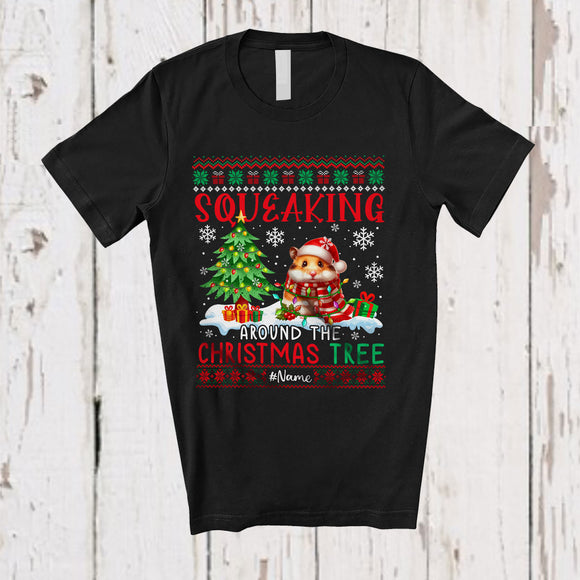 MacnyStore - Personalized Squeaking Around Christmas Tree; Amusing Sweater Custom Name Santa Hamster T-Shirt