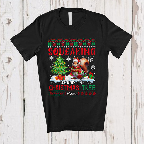 MacnyStore - Personalized Squeaking Around Christmas Tree; Amusing Sweater Custom Name Santa Squirrel T-Shirt