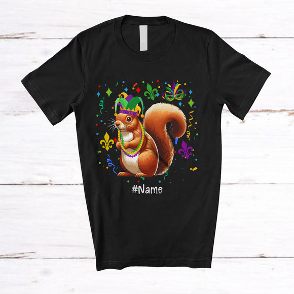 MacnyStore - Personalized Squirrel With Mardi Gras Beads Jester Hat; Lovely Custom Name Rodent Animal Lover T-Shirt