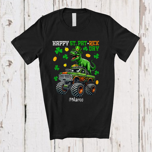 MacnyStore - Personalized St. PaT-Rex Day; Joyful St. Patrick's Day Custom Name T-Rex On Monster Truck T-Shirt