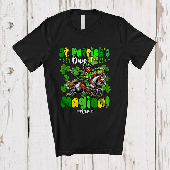 MacnyStore - Personalized St. Patrick's Day Is Magical; Joyful Leprechaun Riding Horse; Custom Name Irish Shamrock T-Shirt