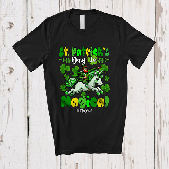 MacnyStore - Personalized St. Patrick's Day Is Magical; Joyful Leprechaun Riding Unicorn; Custom Name Irish Shamrock T-Shirt