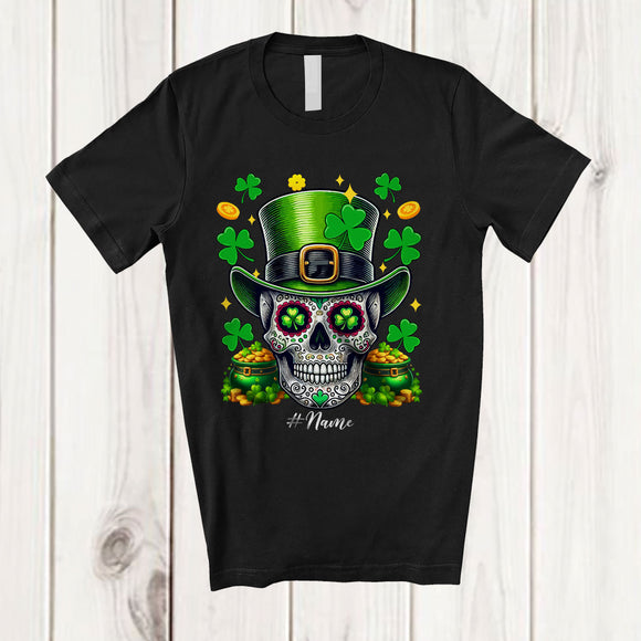 MacnyStore - Personalized Sugar Skull Leprechaun; Humorous St. Patrick's Day Custom Name Skull; Shamrocks T-Shirt