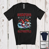 MacnyStore - Personalized Surfing With My Gnomies; Lovely Christmas Plaid Custom Name Couple Gnomes T-Shirt