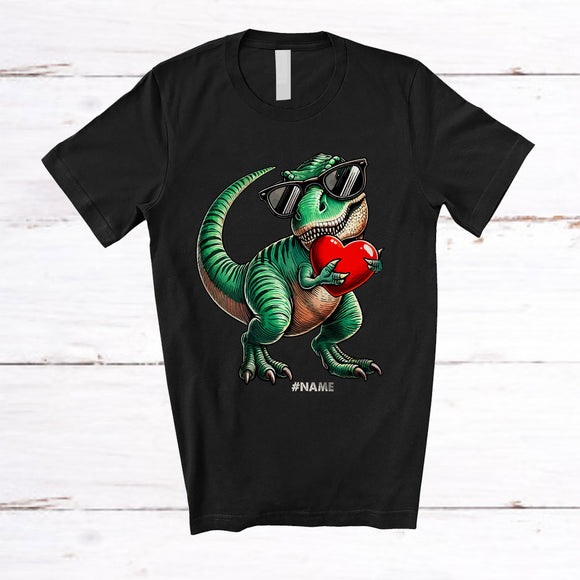 MacnyStore - Personalized T-Rex Holding Hearts; Adorable Valentine Hearts T-Rex; Custom Name Men Single T-Shirt