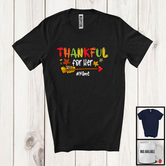 MacnyStore - Personalized Thankful For Her; Humorous Thanksgiving Fall Leaf; Custom Name Couple Family T-Shirt