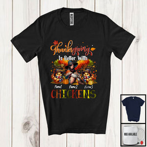 MacnyStore - Personalized Thanksgiving Better With Chickens; Lovely Two Chickens Pilgrim Girl; Custom Name T-Shirt