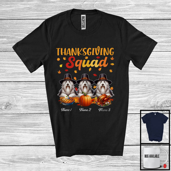 MacnyStore - Personalized Thanksgiving Squad, Lovely Three Pilgrim Bearded Collies, Custom Name Fall Leaves T-Shirt