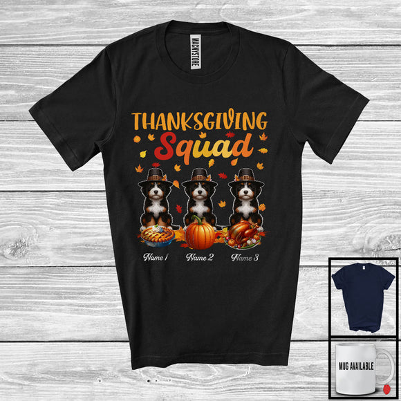 MacnyStore - Personalized Thanksgiving Squad, Lovely Three Pilgrim Bernedoodles, Custom Name Fall Leaves T-Shirt