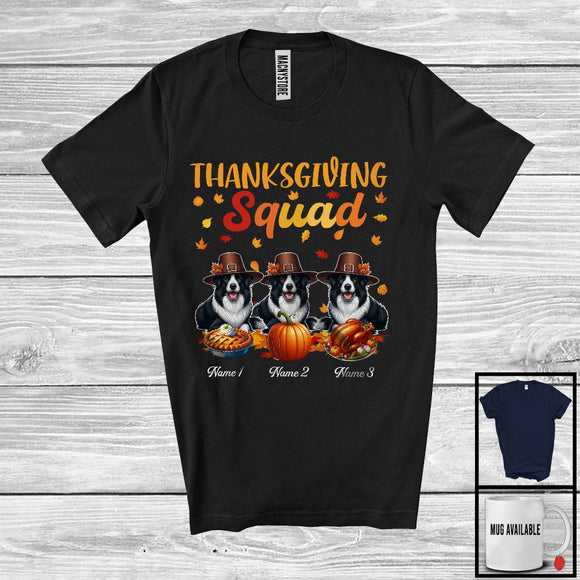 MacnyStore - Personalized Thanksgiving Squad, Lovely Three Pilgrim Border Collies, Custom Name Fall Leaves T-Shirt