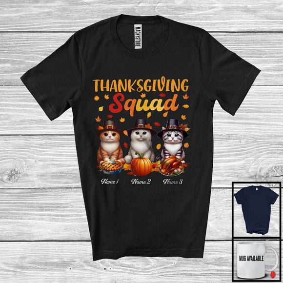 MacnyStore - Personalized Thanksgiving Squad, Lovely Three Pilgrim Cats, Custom Name Fall Leaves T-Shirt