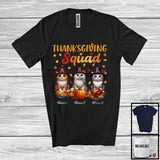 MacnyStore - Personalized Thanksgiving Squad, Lovely Three Pilgrim Cats, Custom Name Fall Leaves T-Shirt