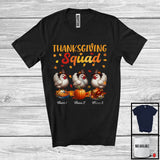 MacnyStore - Personalized Thanksgiving Squad, Lovely Three Pilgrim Chickens, Custom Name Fall Leaves T-Shirt