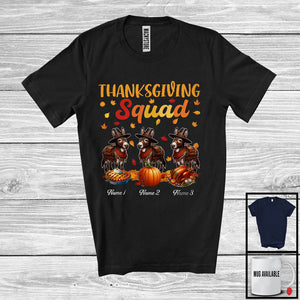 MacnyStore - Personalized Thanksgiving Squad, Lovely Three Pilgrim Donkeys, Custom Name Fall Leaves T-Shirt