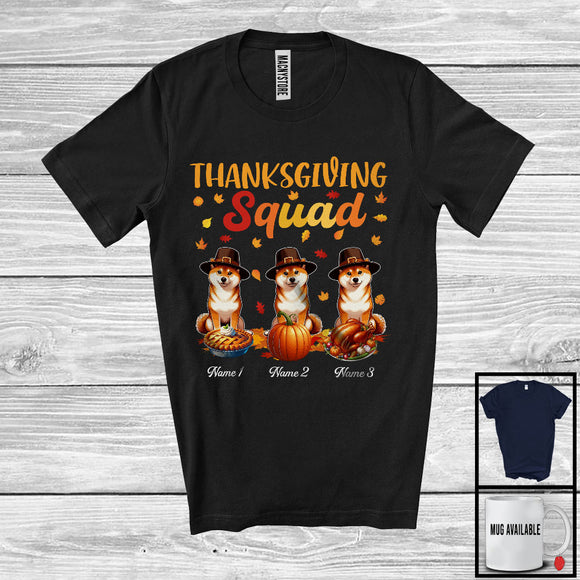 MacnyStore - Personalized Thanksgiving Squad, Lovely Three Pilgrim Shiba Inus, Custom Name Fall Leaves T-Shirt