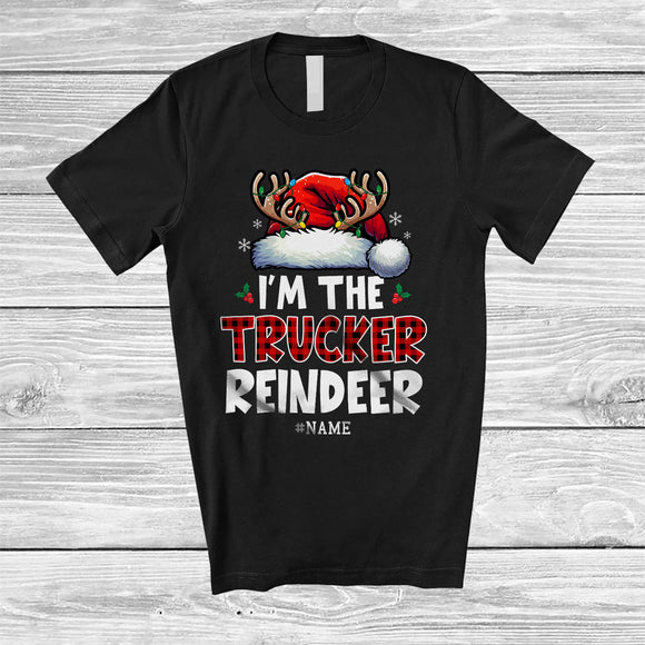 MacnyStore - Personalized The Trucker Reindeer; Joyful Christmas Plaid Santa; Custom Name Trucker T-Shirt