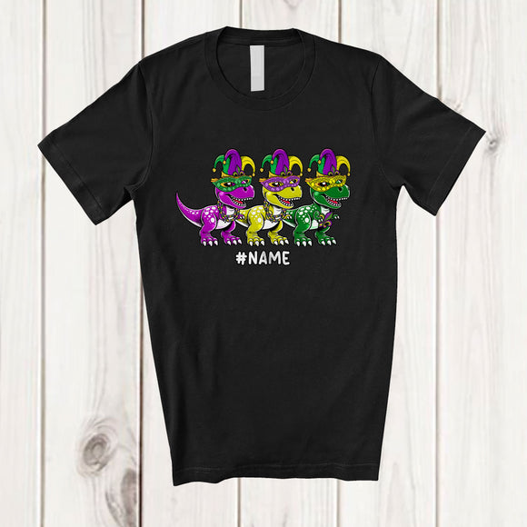 MacnyStore - Personalized Thee Mardi Gras Masked T-Rex; Awesome Mardi Gras Beads; Custom Name Parade T-Shirt