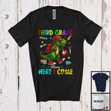 MacnyStore - Personalized Third Grade Here I Come, Joyful First Day Of School T-Rex, Custom Name Dinosaur T-Shirt