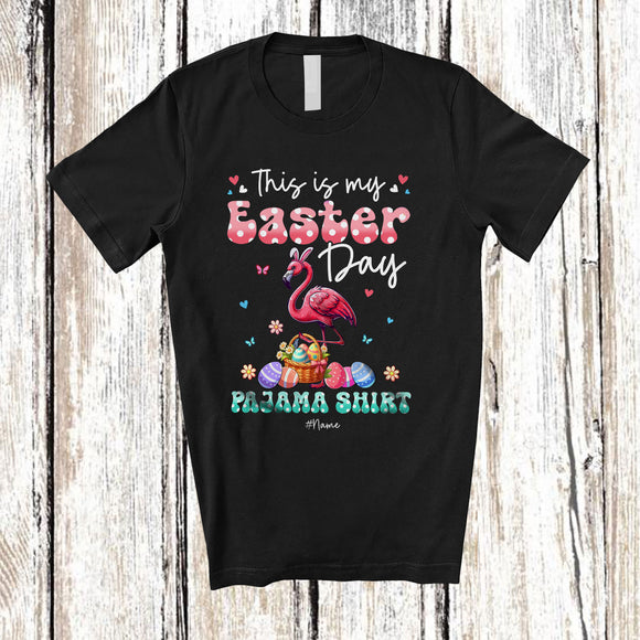 MacnyStore - Personalized This Is My Easter Day Pajama Shirt; Lovely Custom Name Flamingo Hunting Eggs T-Shirt