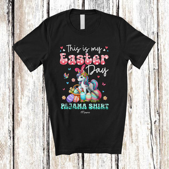 MacnyStore - Personalized This Is My Easter Day Pajama Shirt; Lovely Custom Name Unicorn Hunting Eggs T-Shirt