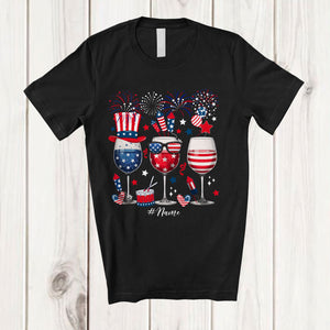 MacnyStore - Personalized Three 4th of July Glass Of Wines; Cheerful Custom Name Drunker Patriotic; Drinking T-Shirt