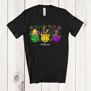 MacnyStore - Personalized Three Basketball With Mask Jester Hat; Joyful Mardi Gras Custom Name Basketball Player T-Shirt