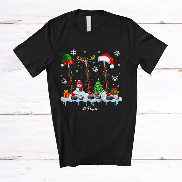 MacnyStore - Personalized Three Elf Santa Reindeer Hockey; Fantastic Christmas Custom Name Hockey Player T-Shirt