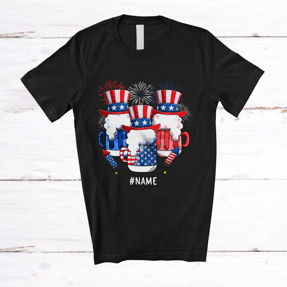 MacnyStore - Personalized Three Glasses of Beer; Amazing 4th Of July Firework US Flag; Custom Name Drinking T-Shirt