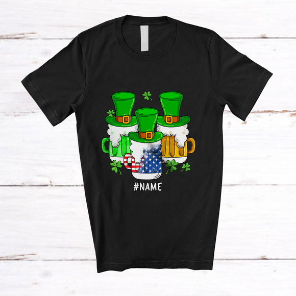 MacnyStore - Personalized Three Glasses of Beer; Amazing St. Patrick's Day US Flag; Custom Name Drinking T-Shirt