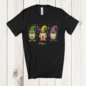 MacnyStore - Personalized Three Gnomes With Mardi Gras Mask; Lovely Custom Name Gnomies Beads; Family T-Shirt