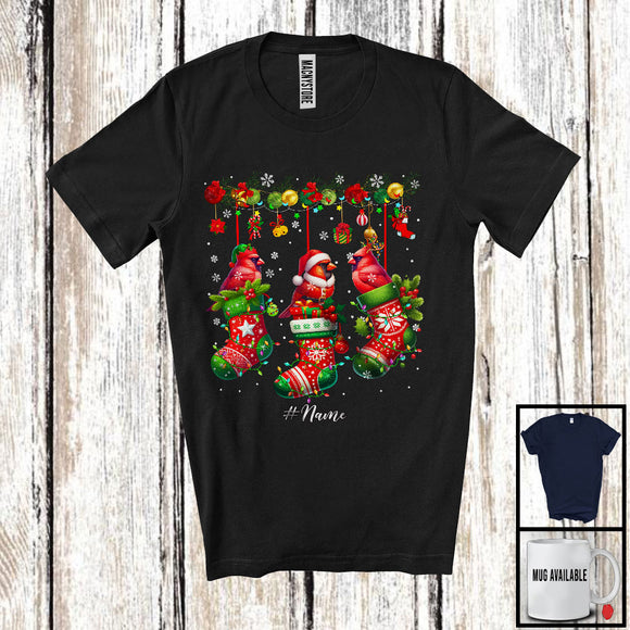 MacnyStore - Personalized Three Lovely Cardinal Birds In X-mas Sock; Merry Christmas Custom Name Bird T-Shirt