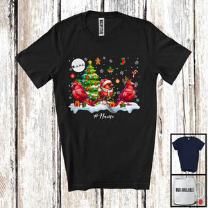 MacnyStore - Personalized Three Lovely Cardinal Birds; Merry Christmas Lights Tree; Custom Name Bird Lover T-Shirt