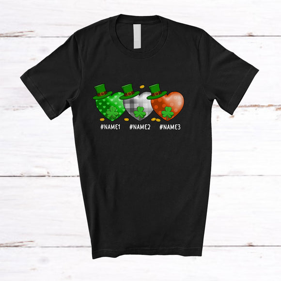 MacnyStore - Personalized Three Plaid Leprechaun Hearts; Lovely St. Patrick's Day Custom Name Shamrocks T-Shirt