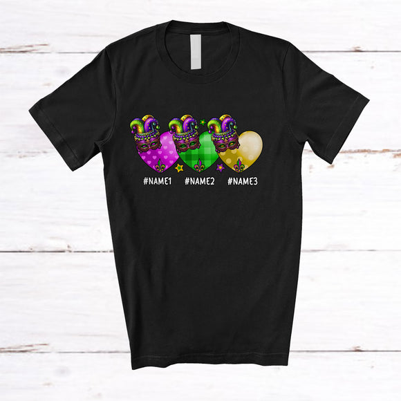 MacnyStore - Personalized Three Plaid Mardi Gras Hearts; Lovely Mardi Gras Masked; Custom Name Parades T-Shirt