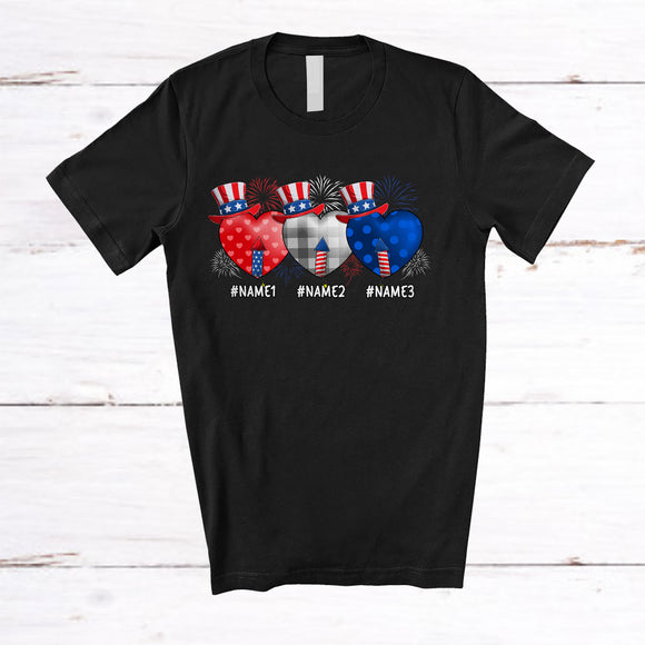 MacnyStore - Personalized Three Plaid US Flag Hearts; Lovely 4th Of July Firecracker; Custom Name Patriotic T-Shirt