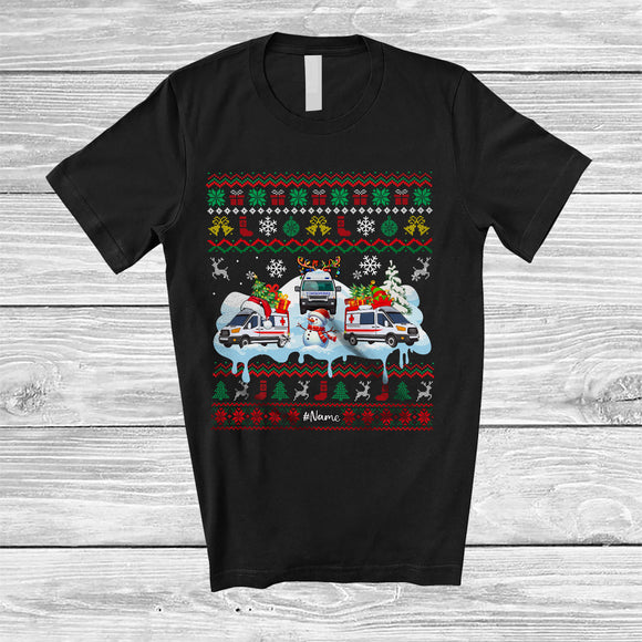 MacnyStore - Personalized Three Santa Elf Ambulance Snowman; Joyful Christmas Sweater; Custom Name Driver T-Shirt