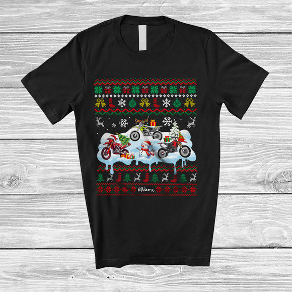 MacnyStore - Personalized Three Santa Elf Dirt Bike Snowman; Joyful Christmas Sweater; Custom Name Rider T-Shirt