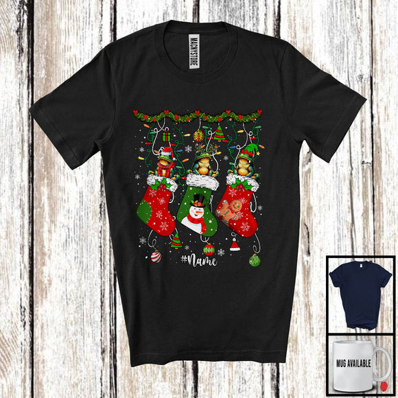 MacnyStore - Personalized Three Santa Elf Frog In Christmas Socks; Lovely Wild Animal Lover; Snowing T-Shirt