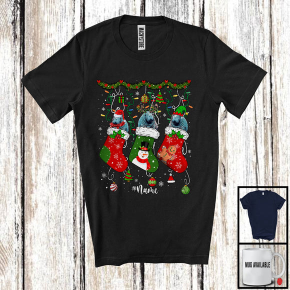 MacnyStore - Personalized Three Santa Elf Manatee In Christmas Socks; Lovely Wild Animal Lover; Snowing T-Shirt