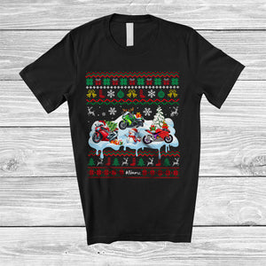 MacnyStore - Personalized Three Santa Elf Motorbike Snowman; Joyful Christmas Sweater; Custom Name Rider T-Shirt