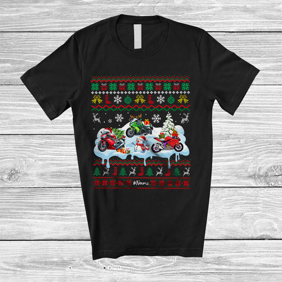 MacnyStore - Personalized Three Santa Elf Motorbike Snowman; Joyful Christmas Sweater; Custom Name Rider T-Shirt