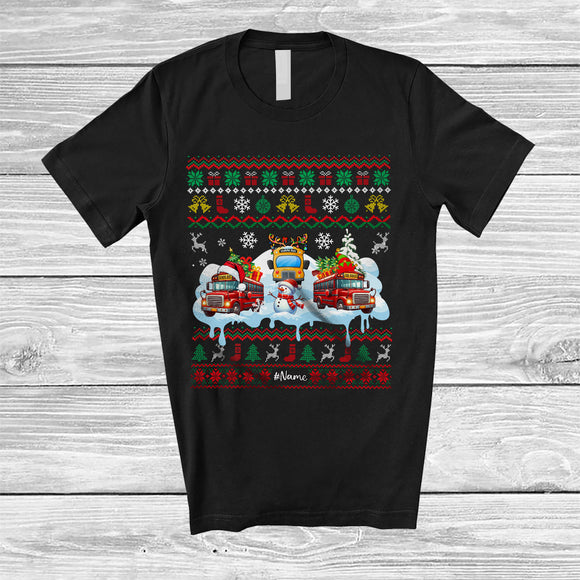 MacnyStore - Personalized Three Santa Elf School Bus Snowman; Joyful Christmas Sweater; Custom Name Driver T-Shirt