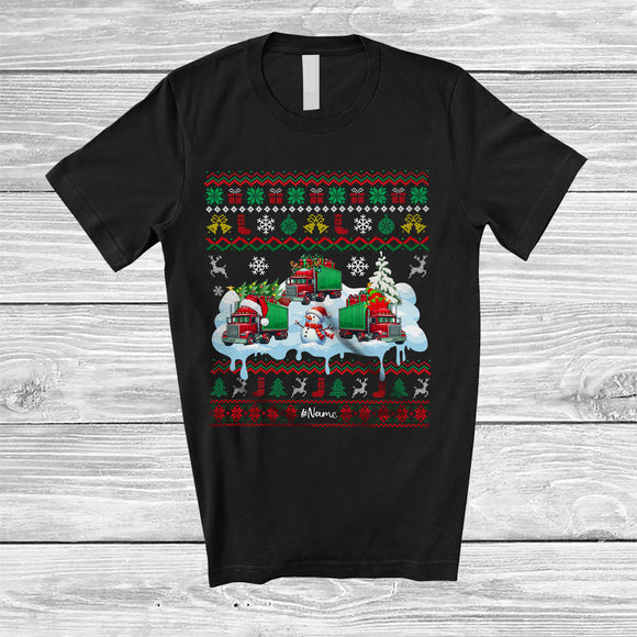 MacnyStore - Personalized Three Santa Elf Truck Snowman; Joyful Christmas Sweater; Custom Name Driver T-Shirt